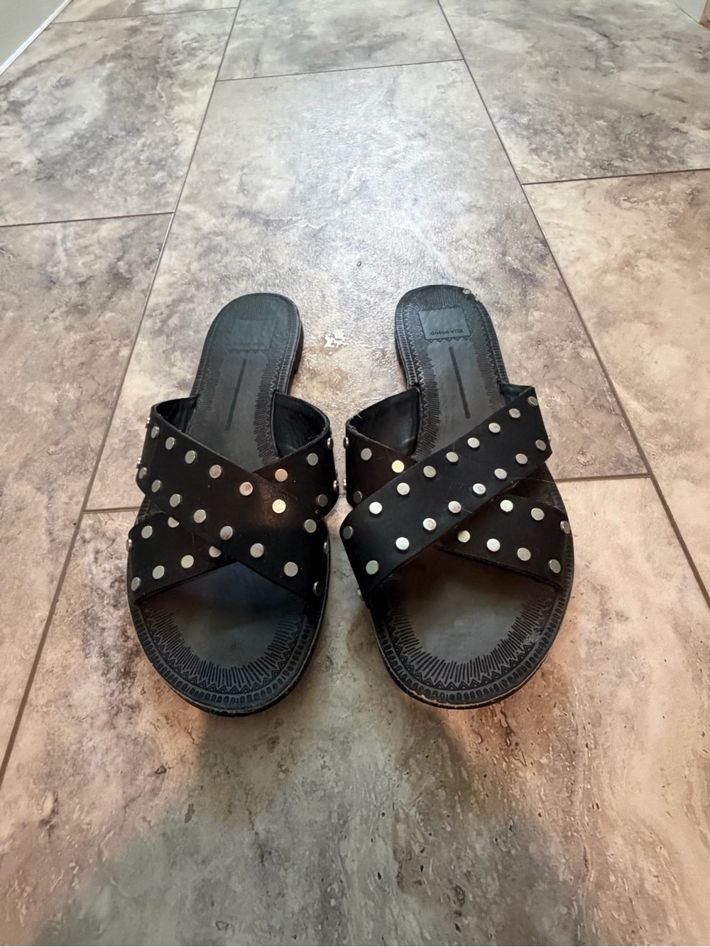 Black Studded Cross-Strap Women's Slide Sandals